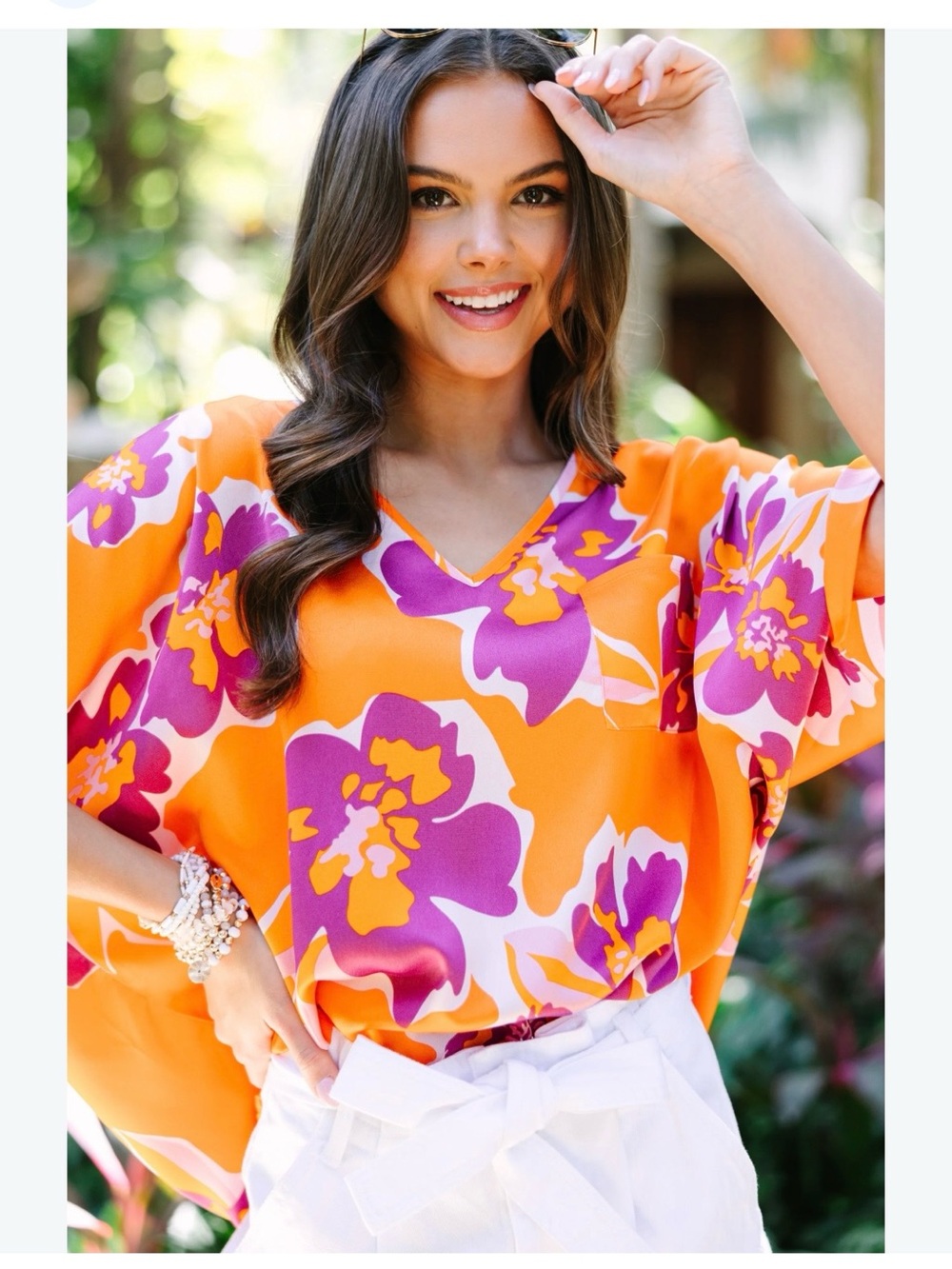 JODIFL Sunny Days Orange Floral V-Neck Blouse with Pink and Yellow Blooms